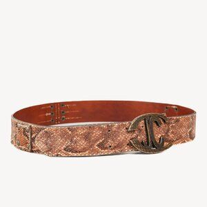 Just Cavalli Brown Snakeskin-Texture Logo-Buckle Belt